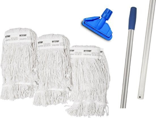 MAUS dweil set compleet - aluminium dweilstok - 3 recycled moppen - Lichtgewicht set professional