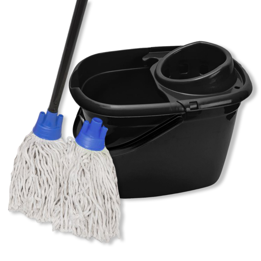 MAUS spaanse mop set blauw recycled - dweil set compleet - emmer steel en 2 moppen