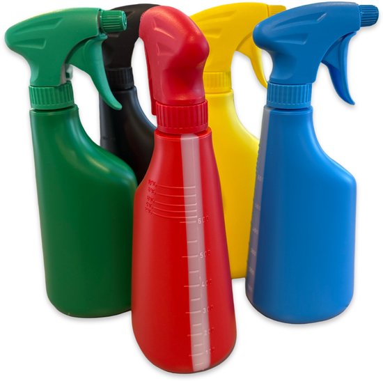 MAUS sprayflacons in groen, zwart, rood, geel en blauw voor kleurcodering